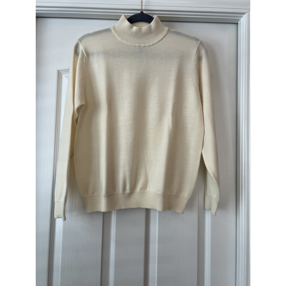 VTG Charter Club Womens Medium Ivory Ribbed Mock Neck 100% Merino Wool Sweater